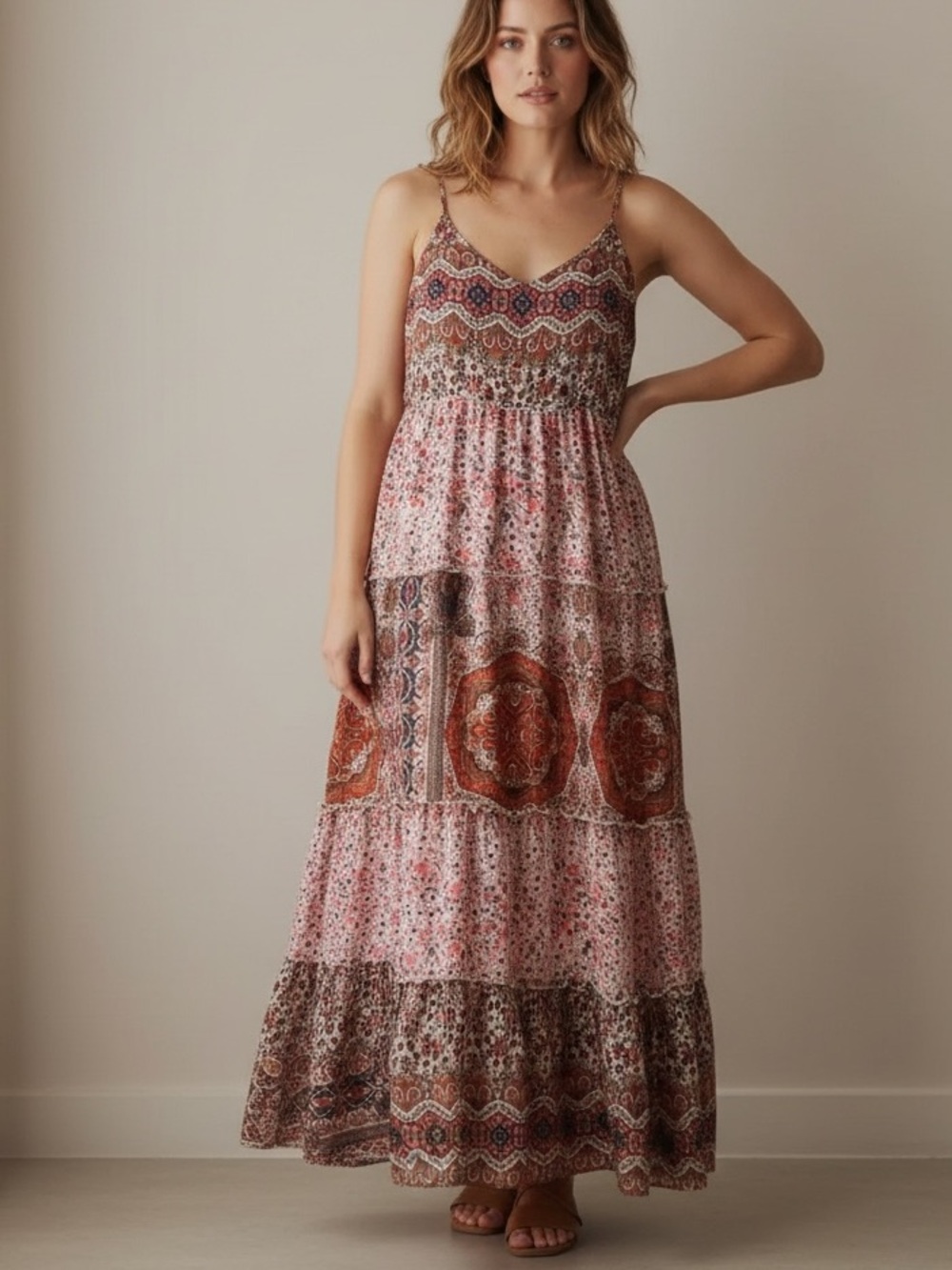 WRANGLER RETRO Bohemian Rust & Pink Paisley Tiered Maxi Dress
MEDIUM